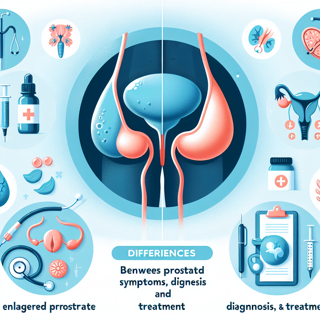 Ilustrace srovnání mezi zvětšenou prostatou a prostatitidou, včetně jejich symptomy, diagnostika a léčba.