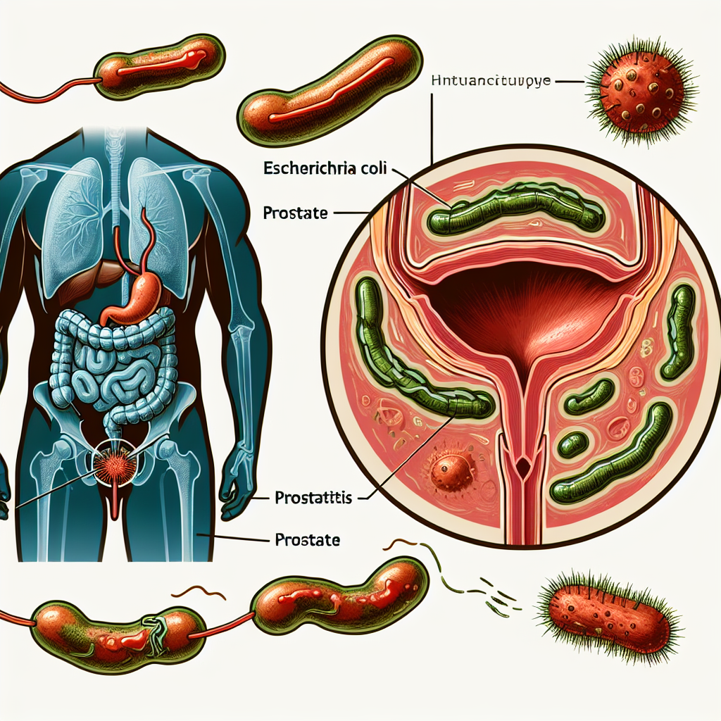 Ilustrace ukazuje, jak Escherichia coli způsobuje prostatitidu a možné léčebné metody