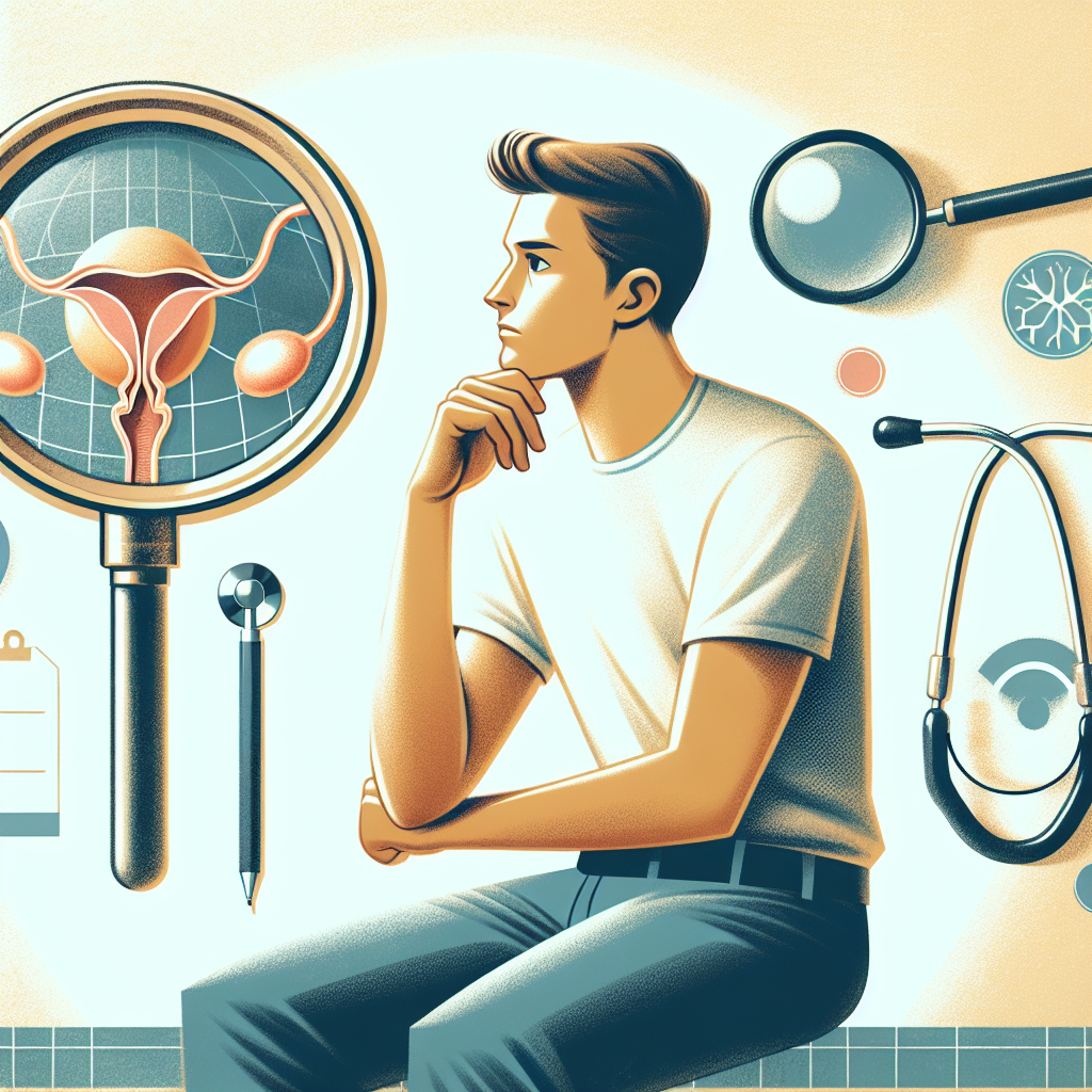 Mladý muž trpící příznaky juvenilní prostatitidy, ilustrace diagnostických a léčebných metod.